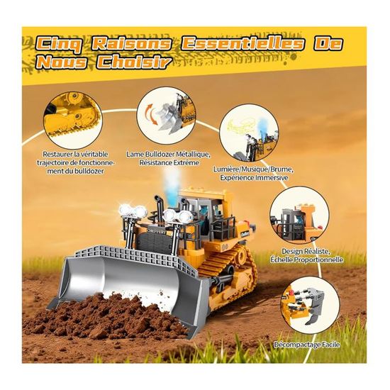 Ezweiji Bulldozer RC Bulldozer télécommandé 11 canaux véhicule de construction jouet 1:20 véhicule à chenilles RC entièrement fonctionnel avec lumière et effets sonores (grue télécommandée