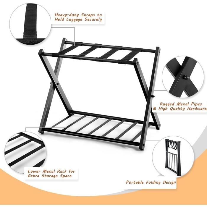 Porte-Bagages Pliable Métal - Support Valises 60kg - 2 Étages Avec Sangles - Pour Hôtel Ou Domicile