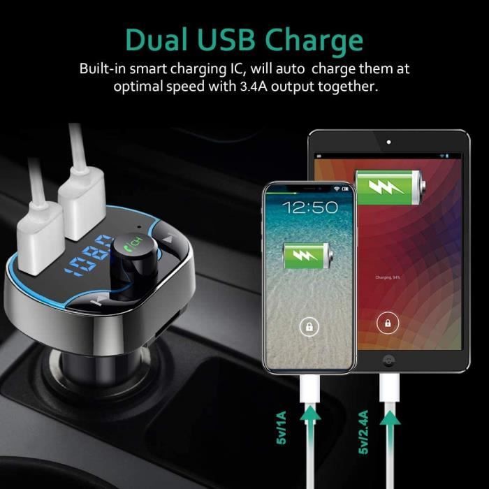 Émetteur FM Bluetooth Pour Voiture Kanoauo - Adaptateur Allume-Cigare, Chargeur USB Double Port, Transmission Audio Sans Fil MP3, Réduction De Bruit - 8