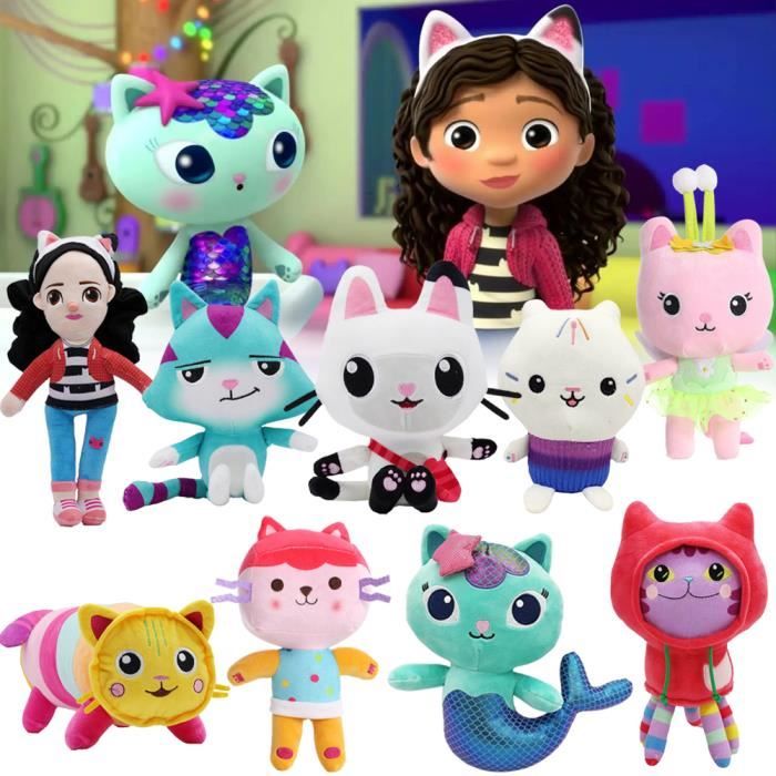 6 Animaux en peluche de dessin animé pour enfants, maison de courses de  Gabby, jouet en peluche Mercat, chat souriant, voiture, poupées HDPGaby  Girl, cadeaux Noël pour enfants, autocollant (Nipseyteko)
