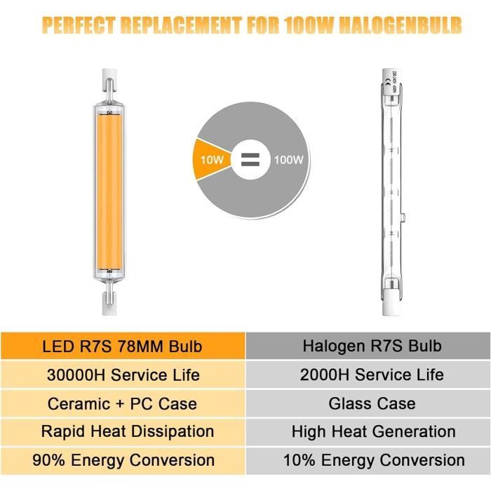 Ampoule Led R7S 78Mm 10W Équivalent À Ampoule Halogène 100W,Tube R7S Led  Lumière Blanc Chaud 3000K,1000Lm Avec Large Angle De[J254] - Cdiscount  Maison