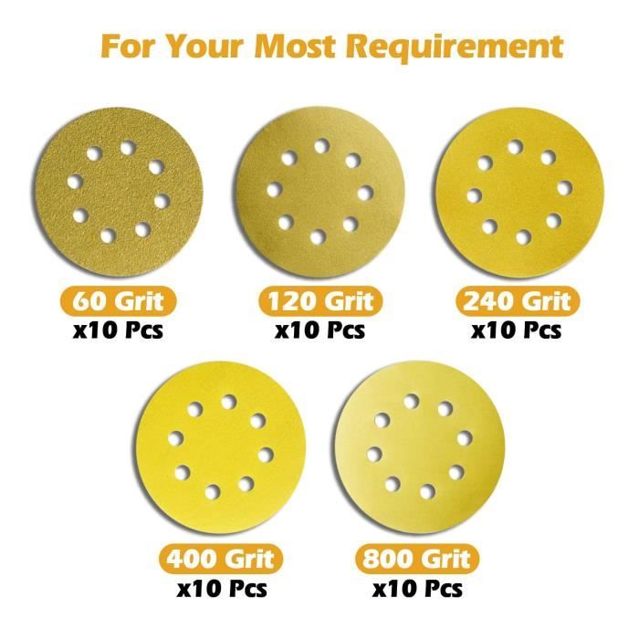 Disques de ponçage dorés de 12,5 cm, 8 trous sans poussière, 10 disques de  finition de chaque grain (60, 120, 240, 400, 800) A541 - Cdiscount Bricolage