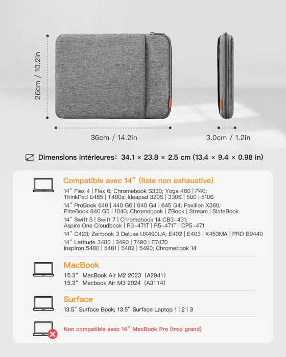 Housse PC Portable Inateck Sacoche Ordinateur 14 Pouces Compatible avec  Chromebook Notebook Ultrabook 14, MacBook Pro 15 2016-2019, 15 Pouces  Surface Laptop 3 - Noir