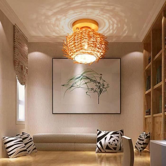Plafonnier rétro, luminaire suspendu, bambou naturel et rotin, E27, éclairage de plafond, tissé à la main, pour salle à manger, chambre, salon, bar, café, cuisine, couloir, 75 cm