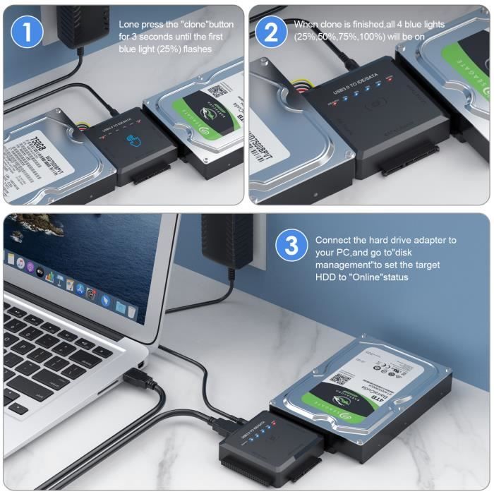 AGPTEK USB Disque Dur Adaptateur USB 3.0 vers IDE SATA, Cable USB 1m pour  2.5 3.5 IDE SATA HDD SSD, avec Adaptateur Alimentatio