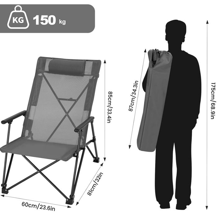 Chaise Pliante TRESKO® Grise - Porte-gobelet, Accoudoirs | Support 150kg, Pliable Et Transportable