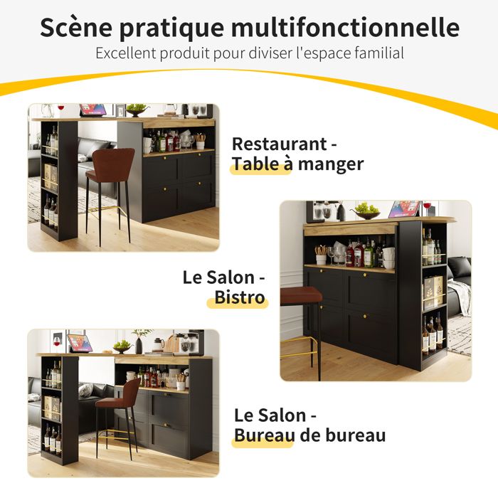 Table De Bar Rotative 360° Avec Tiroirs - Îlot De Cuisine Mobile Moderne, Noir