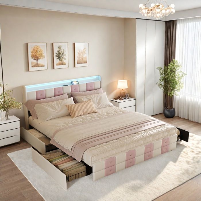 Lit Rembourré Contemporain Lit 90x200 Avec LEDs KOMHTOM - Tête De Lit Lumineuse Et Pieds Rembourrés Lit Design Tête LED Colorée