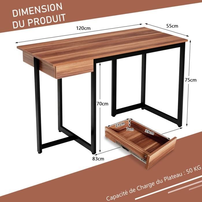 Bureau PC Industriel COSTWAY 120x56cm - Avec Étagère Moniteur, Tiroir, 2 Étagères & Support UC - Marron/Noir