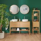 MOB-IN Meuble de Salle De Bain Chêne 120 cm + Colonne ATOLL + 2 Miroirs ronds 60 cm + 2 Vasques rondes 37 cm Bois Clair