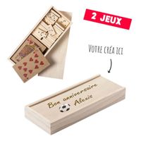 Coffret Jeux de cartes + Dominos - Boite en bois avec couvercle personnalisable pour Prénom & Logo [ Porte cartes a jouer en bois ]