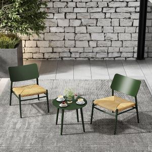 Ensemble table et chaise de jardin Salon de jardin avec 2 chaises et 1 table basse, coussin en paille de rotin PE, protection UV, vert et naturel