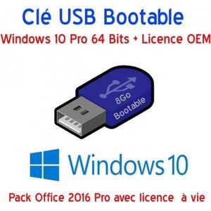 CLÉ USB Clé USB Bootable 8Go Windows 10 Pro 64 Bits + Pack
