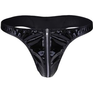 STRING - TANGA YONGHS-FR Homme Sexy String Cuir Verni Slip Wetlook Lingerie Erotique Jockstrap Ouvert Zippé M-XXL Noir