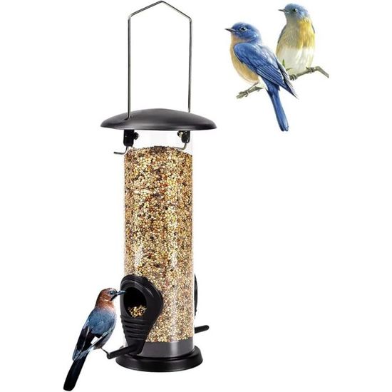 Mangeoire à Oiseaux Suspendue En Métal – Distributeur Vertical Pour Jardin & Balcon | Protecteur Anti-Humidité, Noir