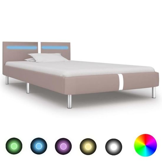 Lit adulte contemporain OVONNI - Structure de lit avec bande LED - Cappuccino similicuir 90x200cm