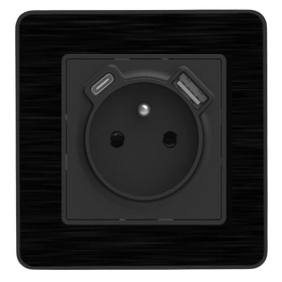 Prise 2P+T 16A – USB + USB-C 2.4A – complet - métal noir brossé – gamme Kouro - Zenitech