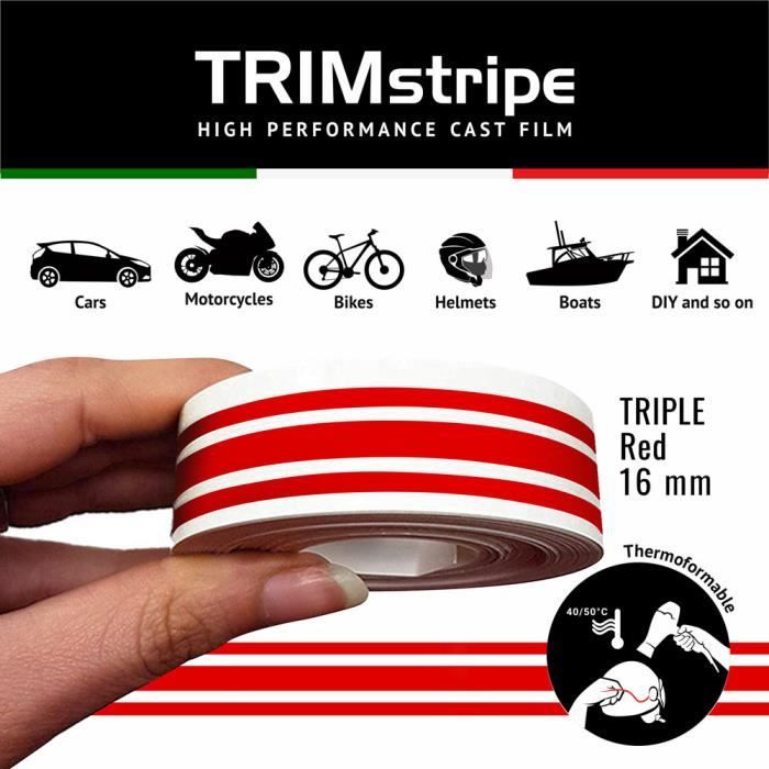 Trim Stripes Bandes Adhésives Triples pour Voitures, Rouge, 16 mm x 10 mt