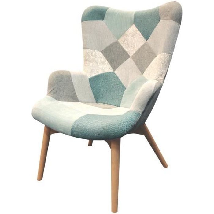 Fauteuil Patchwork Scandinave Tissus BLEU BEIGE GRIS - décoration Vintage Cosy – BLUE