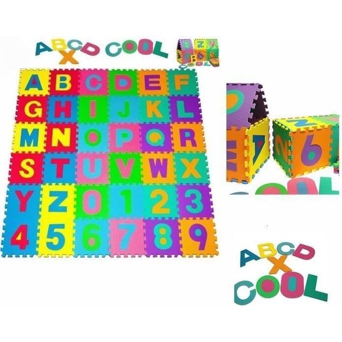 Puzzle tapis mousse bébé alphabet et chiffres 36 dalles 16x16 cm enfant bas âge