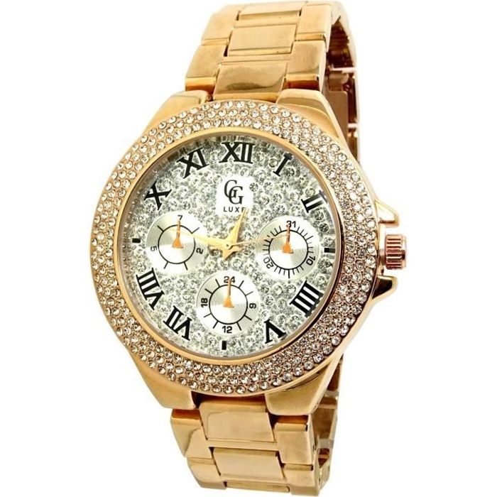 MONTRE FEMME CUIVRE STRASS OR ROSE ROND CHIFFRES ROMAINS CADEAU BIJOUX ACIER