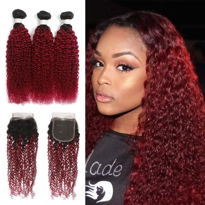 3 pièces 1B 99J-bourgogne Ombre paquets avec 4x4 fermeture brésilien crépus bouclés cheveux humains(12 14 16+8-closure)