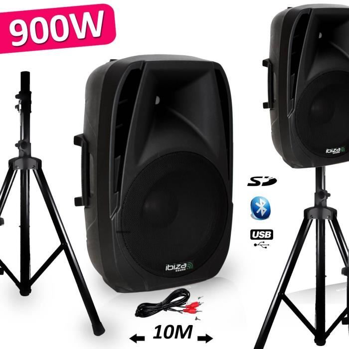 Système Actif Amplifié 900W Paire d'enceintes Sonorisation Musiciens DJ USB Bluetooth MP3 + PIEDS