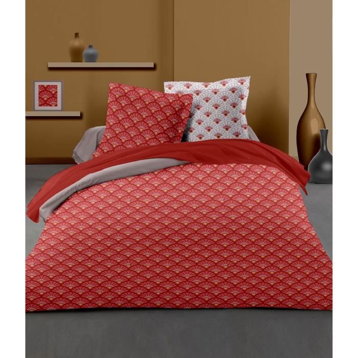 LOVELY HOME Parure de couette Eden - 1 housse de couette 220x240 cm + 2 taies 65x65 cm volant plat piqué - 54 Fils - Carmin