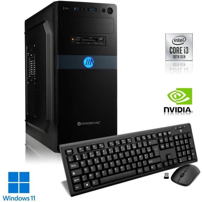 MEMORY PC de bureau - Intel Core i3 10100 4x3,6GHz - NVIDIA GT 710 - 8Go RAM - 480Go SSD - Windows 11 - WiFi - Clavier + souris