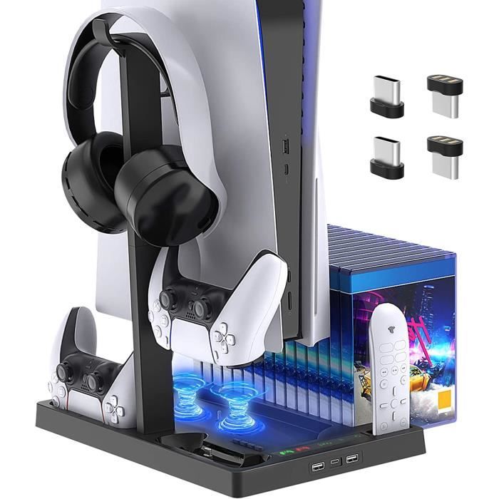 FYOUNG Chargeur pour Manettes PS5 avec Ventilateur de Refroidissement et 15 Emplacements pour Cartes de Jeu et Support pour Casque