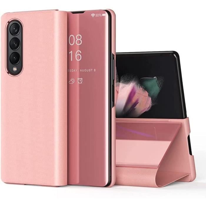 Coque pour Samsung Galaxy Z Fold 3, Miroir Translucide Ultra-Fin + Étui Rabat Intelligent Cuir PU, avec Support, Housse pour(Or Rose