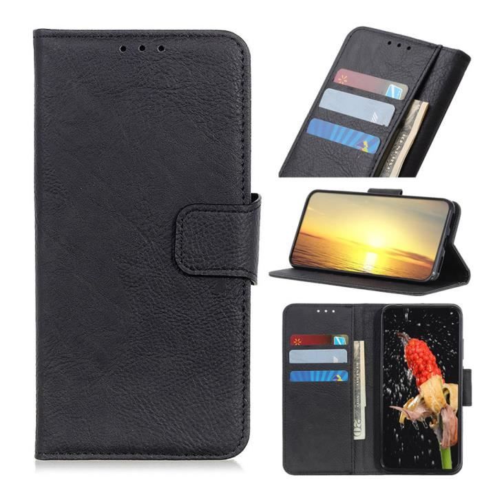 Étui pour Vivo Y21S, Noir Cuir Pleine Fleur Porte-Cartes avec Support Portefeuille Housse Protection