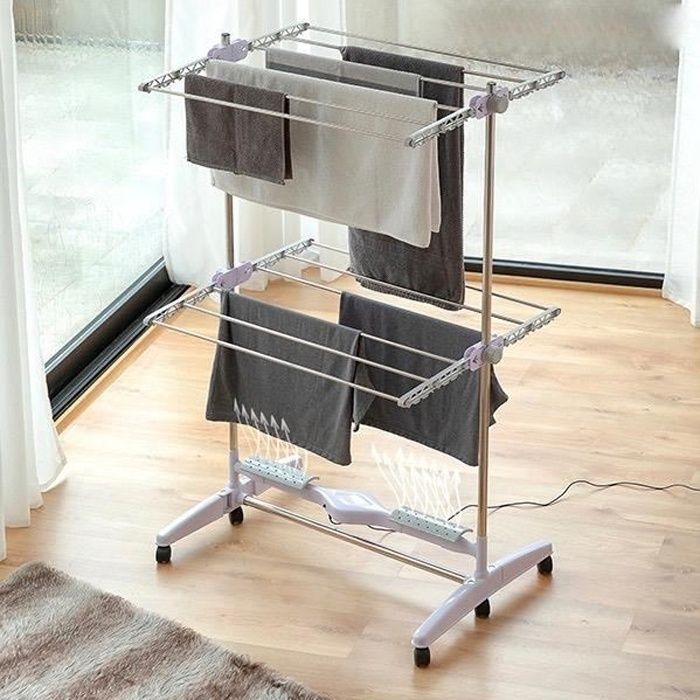 MODEZVOUS - Sechoir Electrique Pliable avec Flux d'air - Etendoir pour Linge - Aluminium - Pliable - 2 Etages - 12 Barres