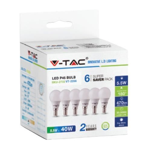 Lampes globe LED V-tac VT-2266 pack de 6 - E14 - 5.5W - 470 Lm - 2700K - G45