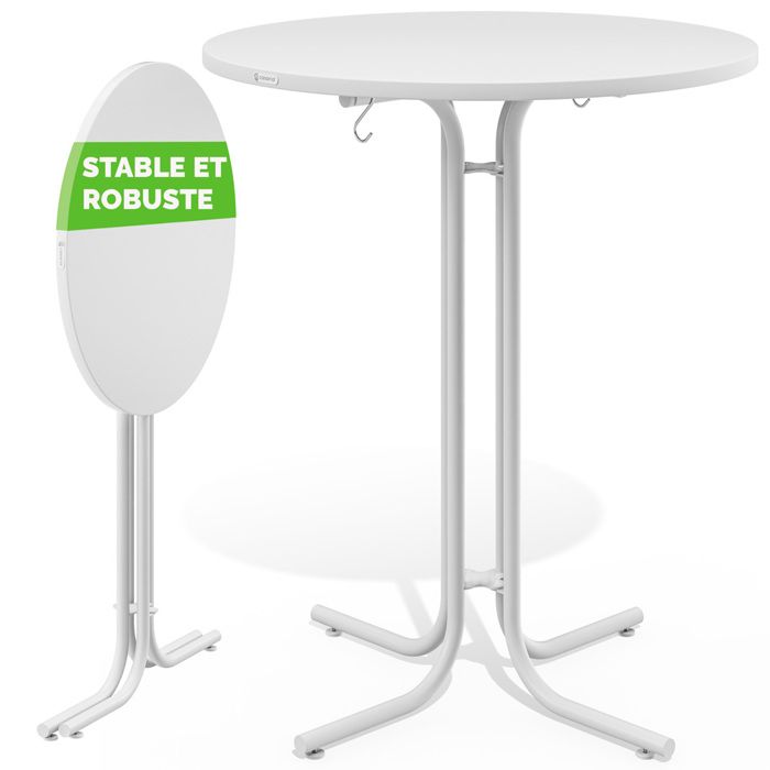 CASARIA® Table de bar blanche ronde Ø80 cm pliable haute de 110 cm plateau de table en MDF mange debout table d‘appoint