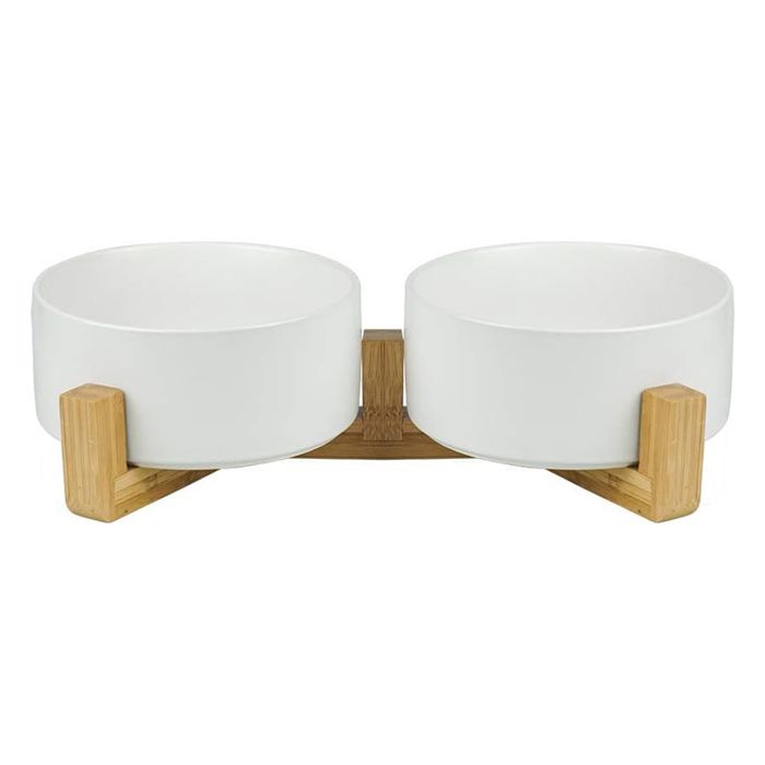 Meilleurs prix pour Blanc Pet Gamelles pour Chien et Chat Gamelles Chien Chat Céramique Support Bambou -Va au Lave-Vaisselle et Facile à Nettoyer (2