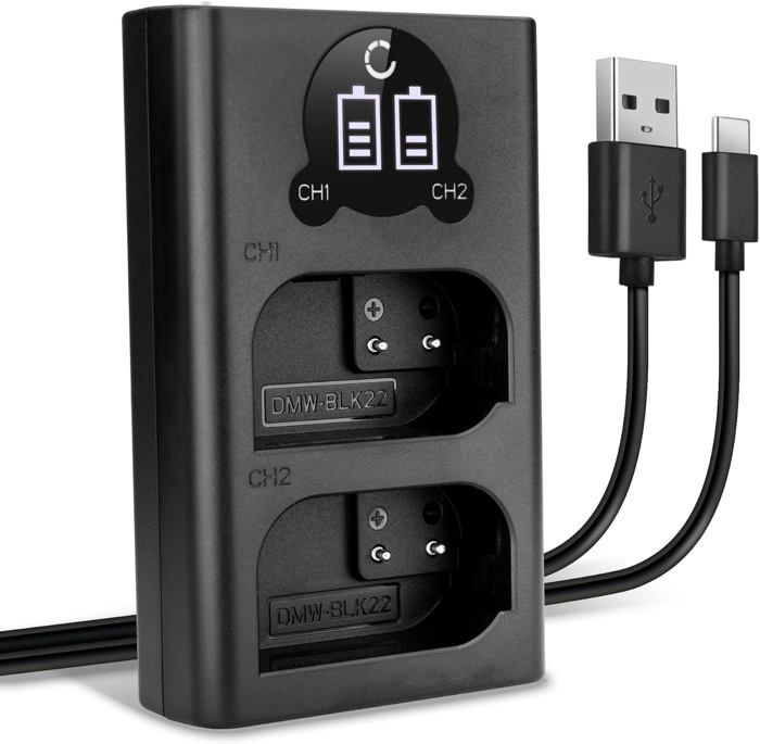 DMW-BLK22 Batteria Al Litio (2 Pacchi) E Caricatore Doppio Compatibile