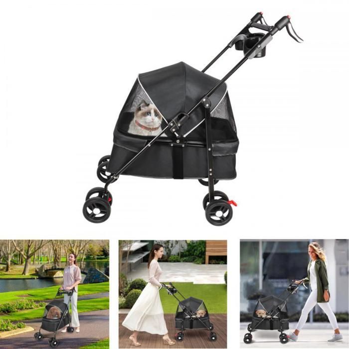 Meilleurs prix pour Animaux Voyage Poussette - XUANYU -  Poussette pour Chat avec Sac de Rangement et Housse de Pluie + Porte-gobelet - Noir