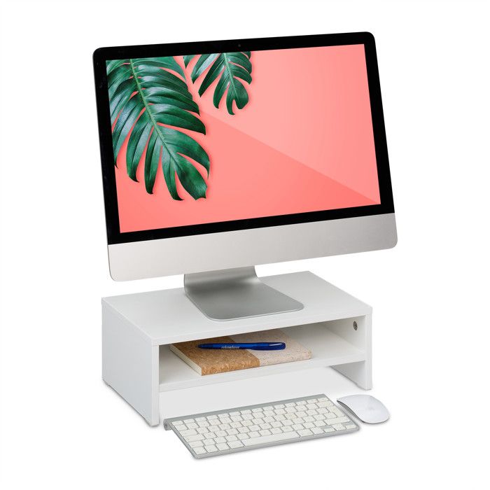 Support écran Bureau En Bambou Relaxdays | 30x67x20 Cm, 4 Compartiments, Rehausseur Ergonomique, Naturel