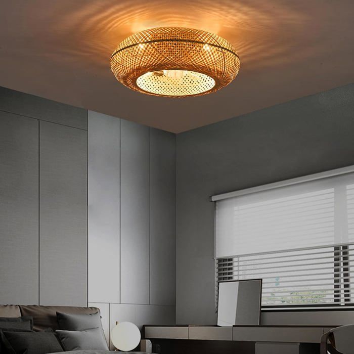 Ventilateur plafond avec lumiere silencieux suspension style bambou télécommande LED dimmable 6 vitesses minuterie 1-4H - Prumya