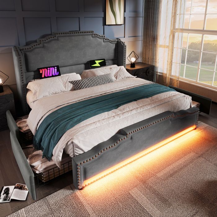 Lit capitonné - Merax - 160x200 cm - 4 tiroirs - LED - USB-C - Velours gris
