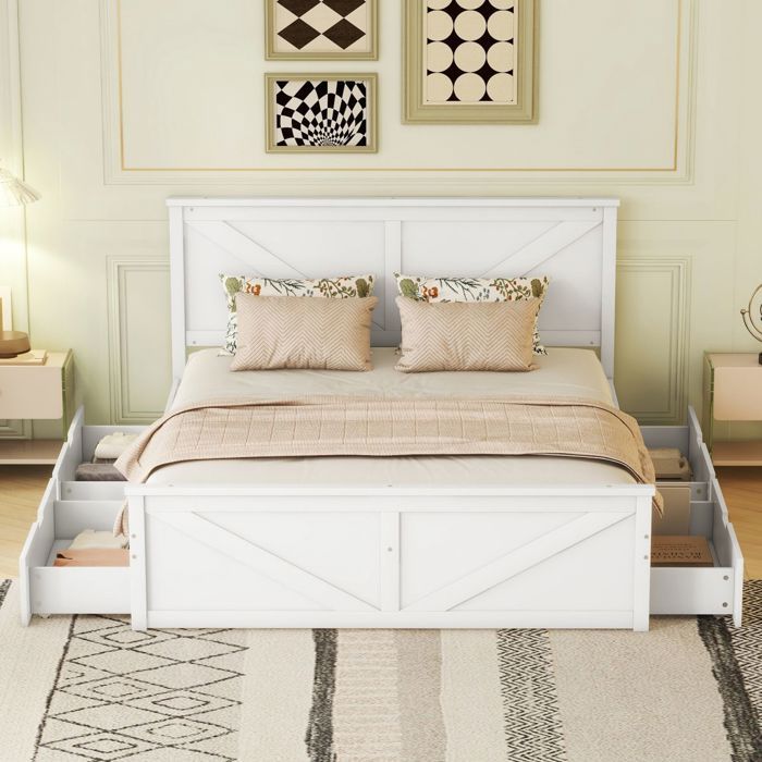 Lit Double Plateau lit 160x200 bois blanc 4 tiroirs - Meuble rangement chambre moderne et fonctionnel - Sans Matelas