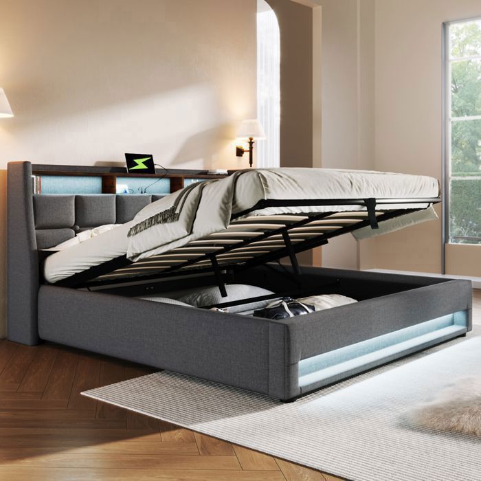 Lit Double Moderne - Lit Coffre 180x200 cm - avec Ports USB - Éclairage LED - Structure Métal - Tissu Lin Gris - sans Matelas Lit Double Moderne - Lit Coffre 180x200 cm - avec Ports USB - Éclairage LED - Structure Métal - Tissu Lin Gris - sans Matelas