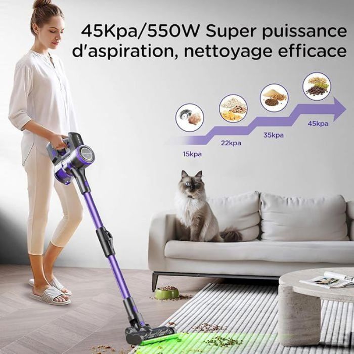 Aspirateur Balai sans Fil - AUTREMENT - Brosse Anti Enchevêtrement - 45Kpa - 550W - 60 Min Autonomie - Violet