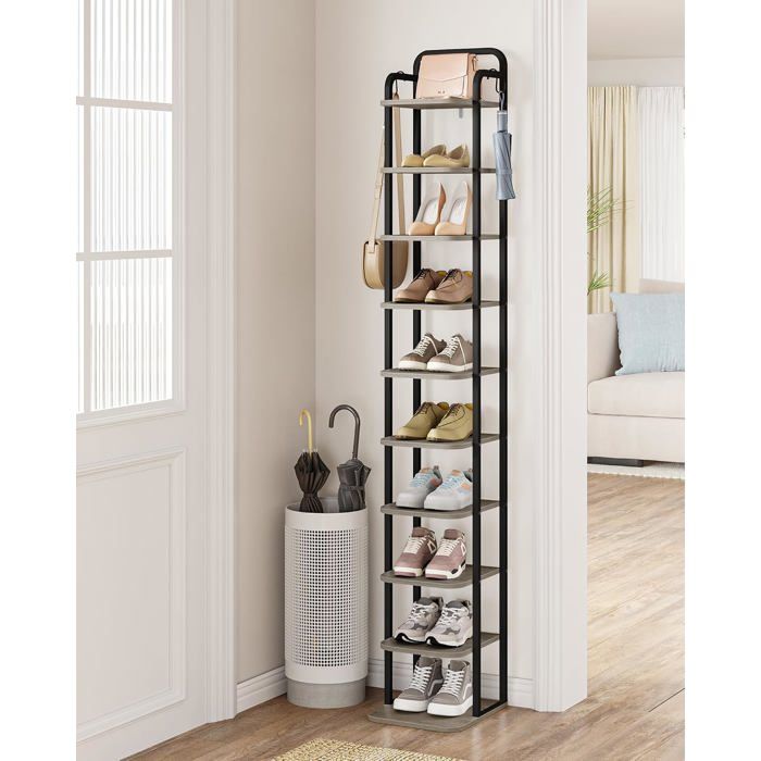 Étagère à Chaussures Verticale à 10 Niveaux Tour à Chaussures pour Petits Espaces Réglable Gain de Place Ivoire Clair et Noir