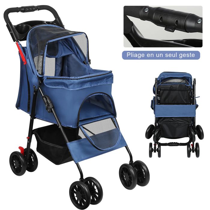 JEOBEST Poussette pour Animaux avec Panier de Rangement Porte-Gobelet Poussette pour Chiens et Chats de Compagnie Voyage Bleu