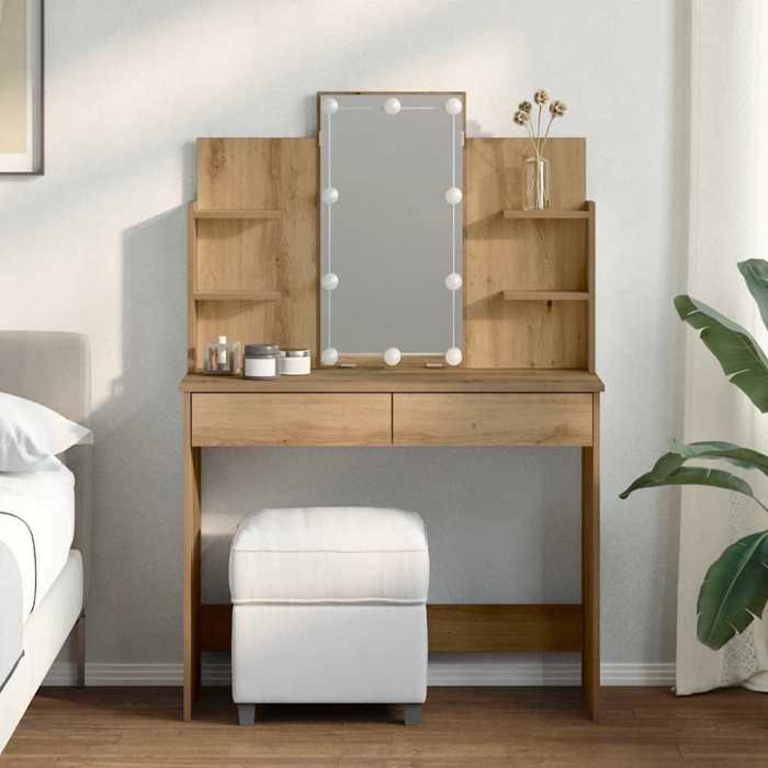 Coiffeuse avec lumières LED - vidaXL - Chêne artisanal - 96x40x142 cm - 2 tiroirs - 4 étagères - Miroir avec LED