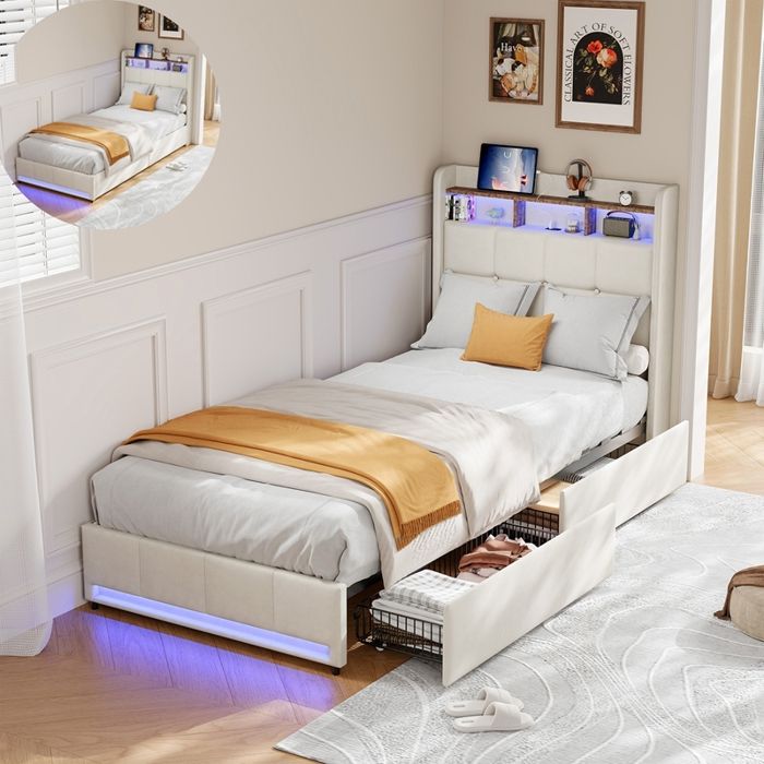 Lit simple 90 x 200 cm - RAVAS - Table de chevet avec éclairage LED et ports USB - 2 tiroirs - Sommier à lattes - Tissu lin - Beige
