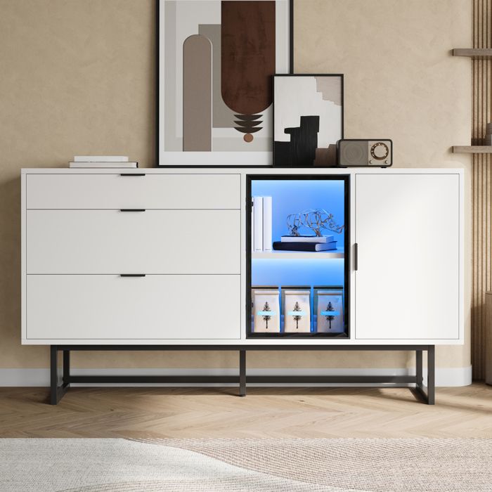 Buffet blanc meuble de rangement buffet moderne vitrine 3 tiroirs 2 portes vitrées pieds en métal bahut avec lumineuse LED