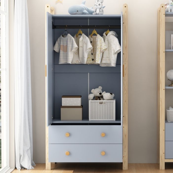 Armoire enfant avec tringle et 2 tiroirs pour chambre salon et couloir 90×45×180 cm Bleu + Naturel